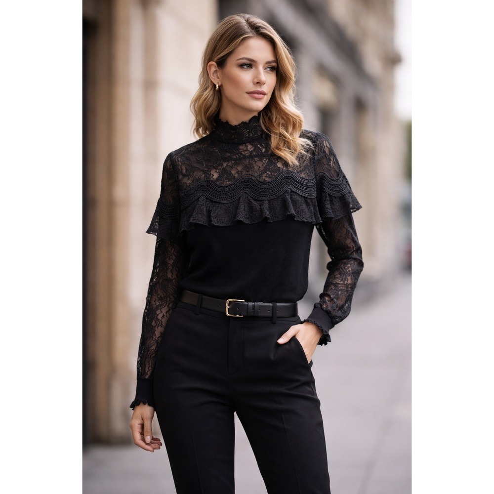 Elfbox‎ Black Lace High Neck Blouse Sheer Long Sleeve Women's US 8 EU 40